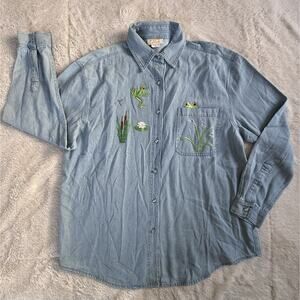 Vintage Tia 90's Button Up Chambray Denim Shirt Frog Appliques Size Large